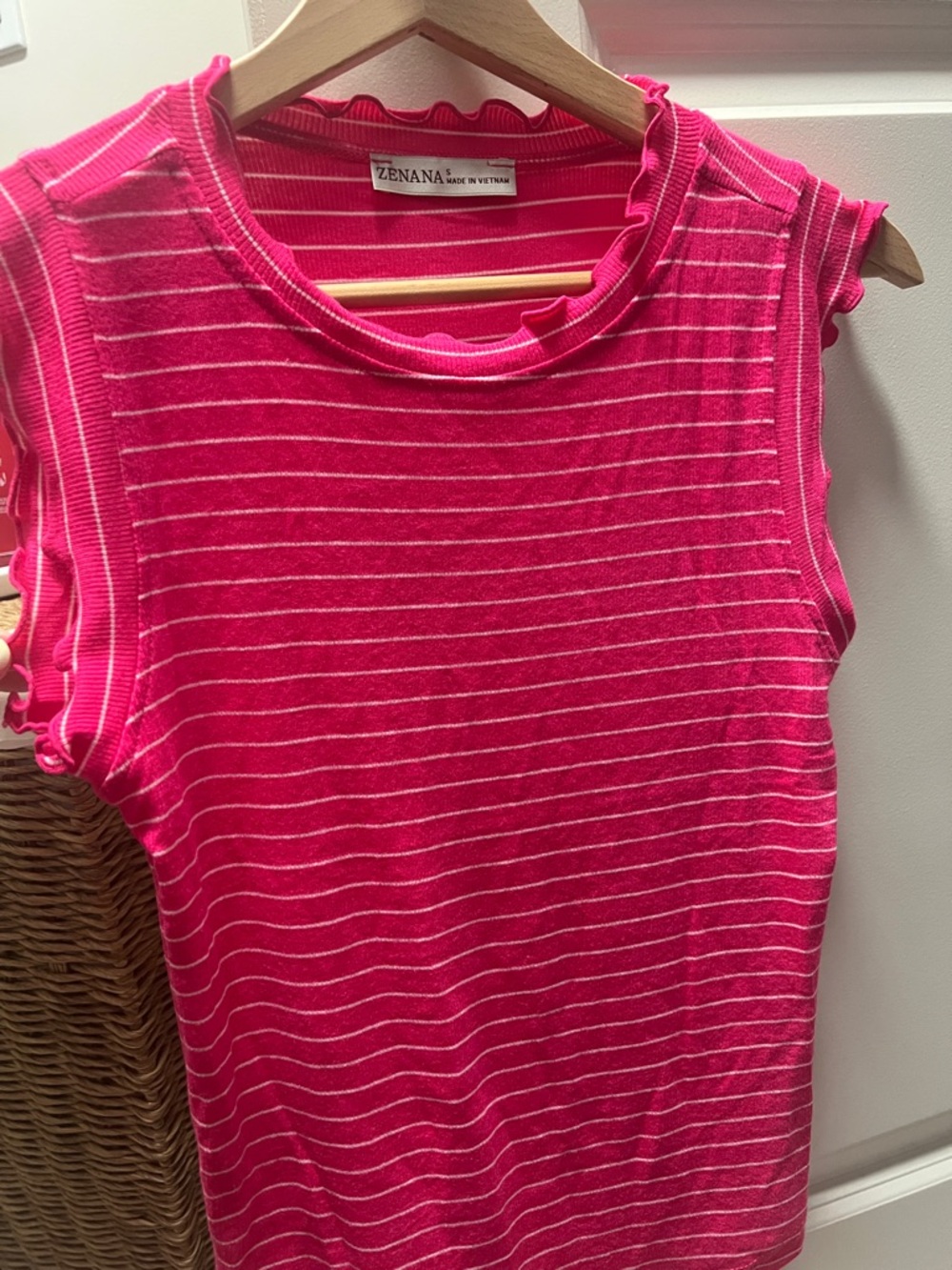 ZENANA Hot Pink Striped Ruffle Sleeve Tank